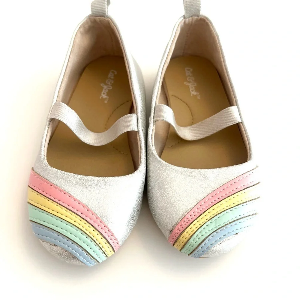 Cat & Jack Silver Ballet Flat Shoes with Rainbow Accents Kids size 6 - Like New